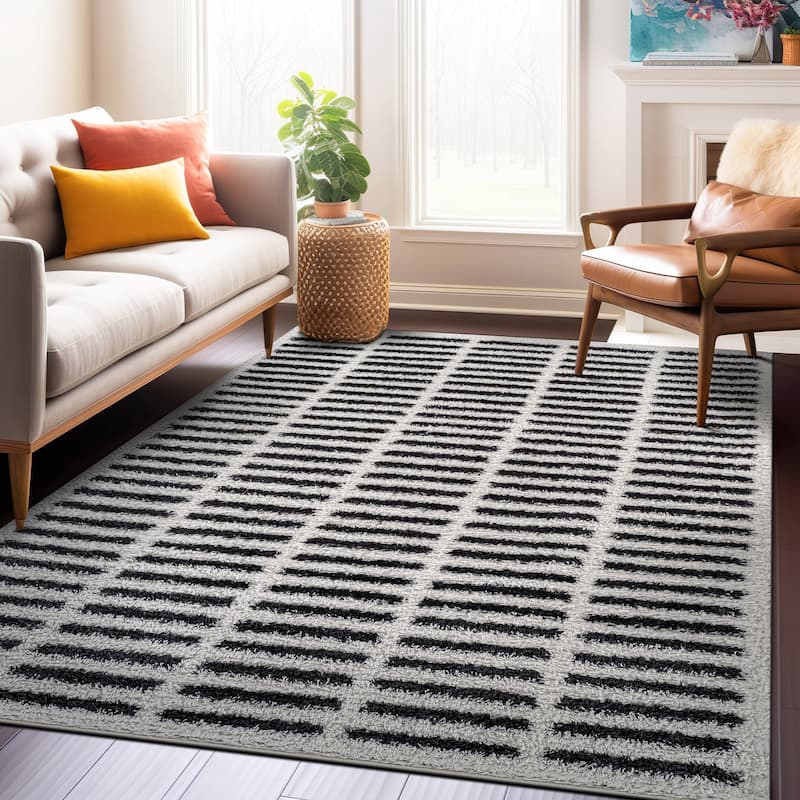 Bohemian Stripe Lines Shag Rug - Textured Surface - Anthracite Dark Gray - Easy to Clean - White - 5' x 7'