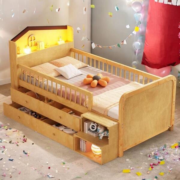 slide 2 of 14, Wooden Twin Loft Bed with House Shape Headboard, Kids Loft Bed with Storage Drawers Natural