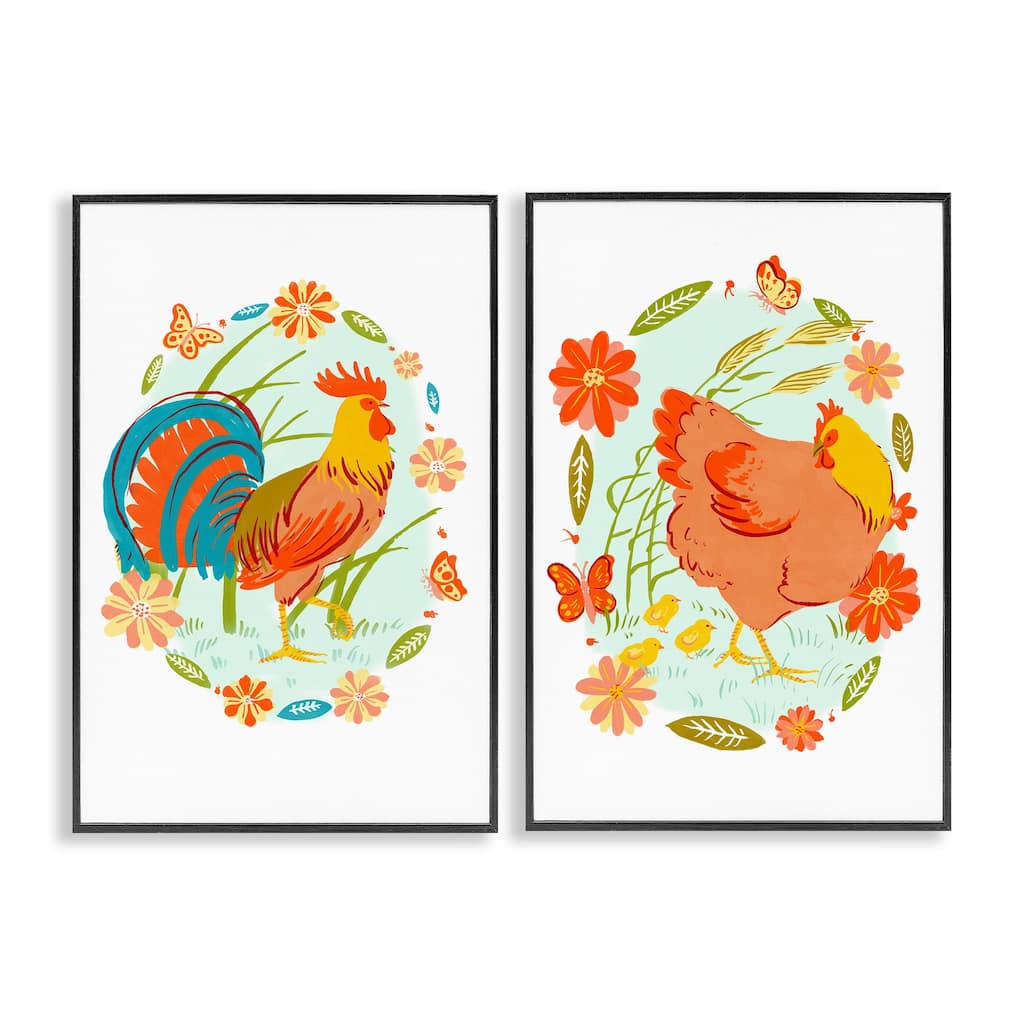 Stupell Rooster & Hen with Florals Framed Giclee Art Design By Hannah Moren (Set of 2)