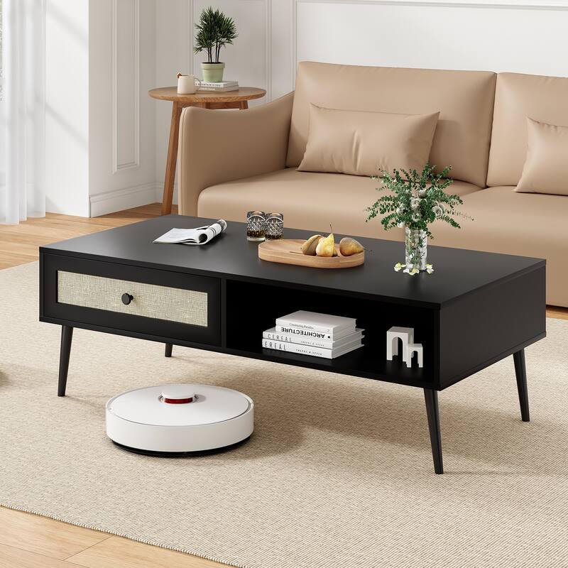 Modern Coffee Table, 47 Inch Rectangle Console Table with Drawer & Shelf, Wooden Coffee Table for Living Room, Office