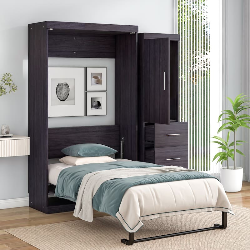 Pine Wood Wall Murphy Bed with Wardrobe & Drawers