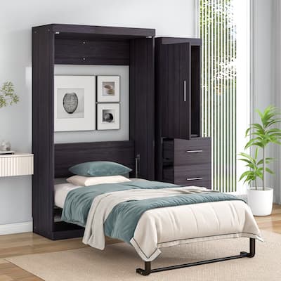Pine Wooden Twin Size Murphy Bed with Wardrobe and Drawers, Storage Bed, Foldable Hidden Wall Platform Bed for Bedroom