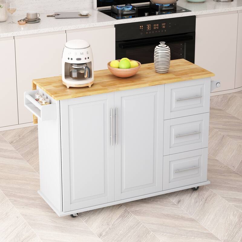 Rolling Kitchen Island Cart with Expandable Solid Wood Top, 2 Door Cabinet, 3 Drawers, Spice & Towel Rack for Kitchen Storage - White