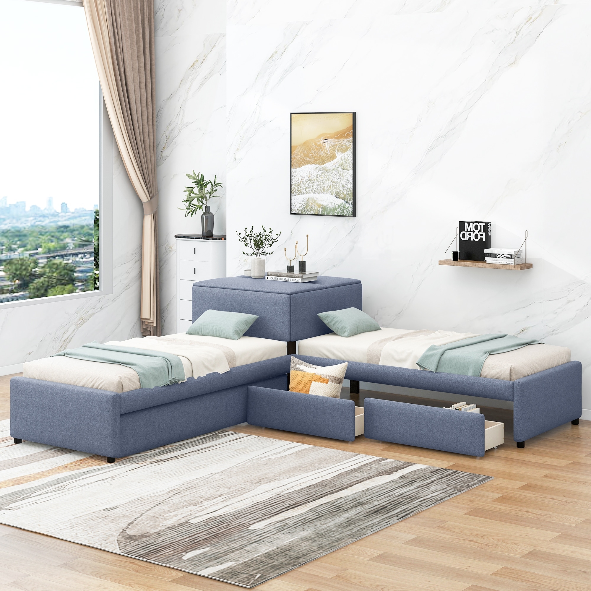 3 Person L Shaped Storage Upholstered Bed Linen Corner Platform