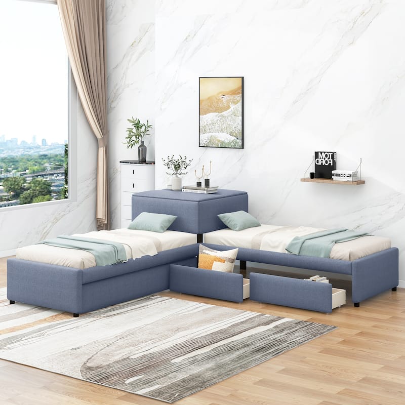 L-shaped Upholstered Platform Bed with Twin Size Trundle and 2 Drawers Linked with Built-in Desk, Gray