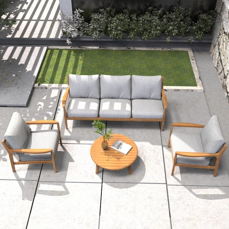 Modern 4-piece Outdoor Acacia Wood Conversation Sofa Set with Removable Waterproof Cushions - Grey