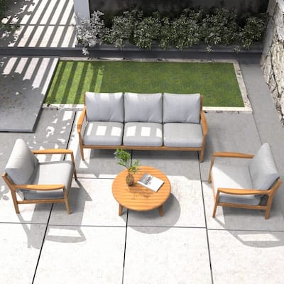 Modern 4-piece Outdoor Acacia Wood Conversation Sofa Set with Removable Waterproof Cushions