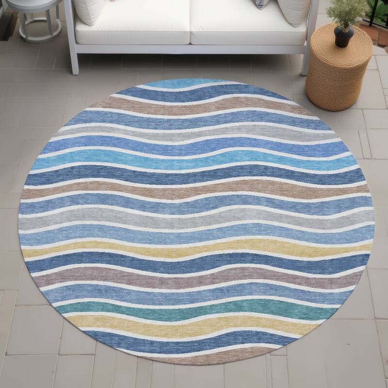 Machine Washable Indoor/ Outdoor Contemporary Stripe Chantille Rug - Blue - 8' x 8'