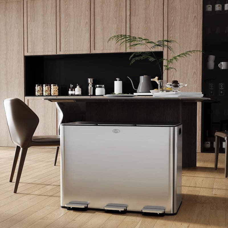 15 Gallon Triple Compartment Stainless Steel Kitchen Trash Can , Silver - 3*30L