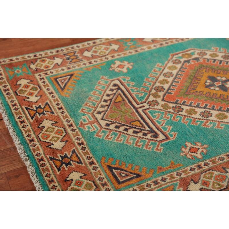 Turquoise Green Kazak Foyer Rug Hand-Knotted Wool Carpet - 2'9"x 4'2"