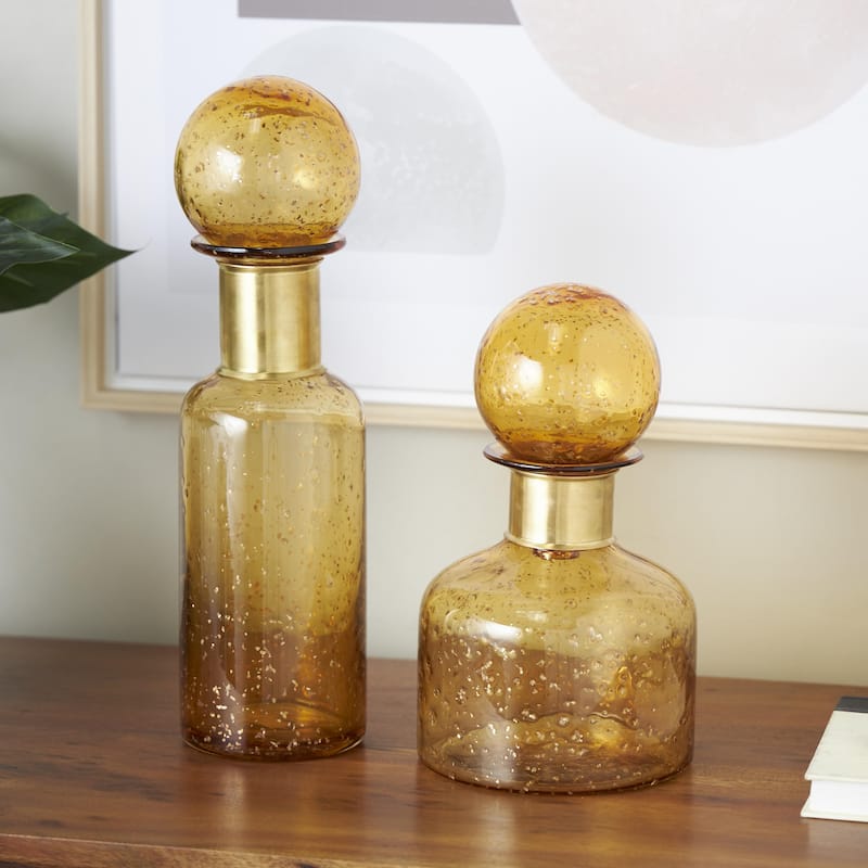 Glass Speckled Ombre Living Room Decorative Jars with Round Orb Tops - Set of 2 Yellow - Roche River Decor