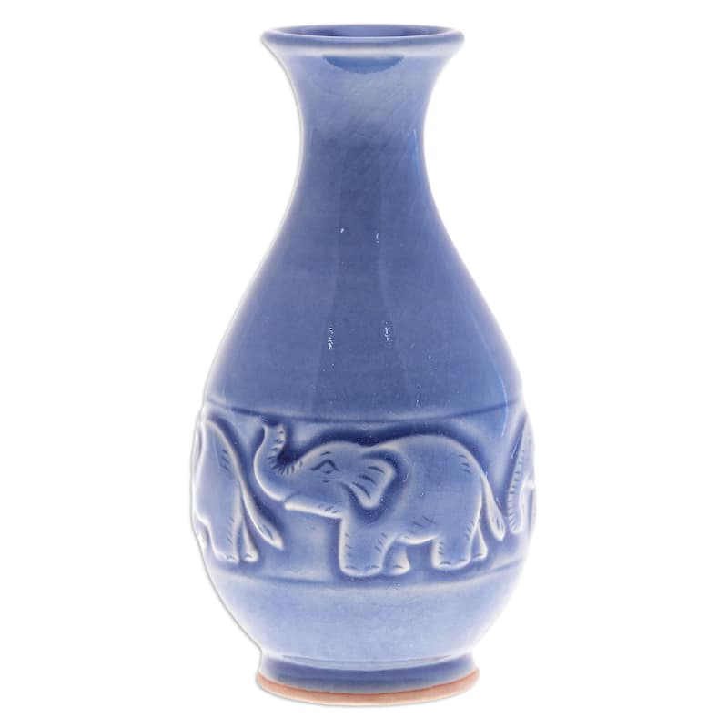 Novica Handmade Joyful Elephants Celadon Ceramic Vase