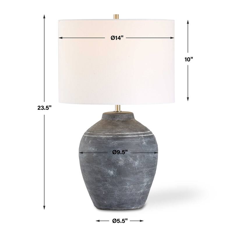 Table Lamp, Off White Linen Shade, Weathered Black Urn Body, 24 Inch