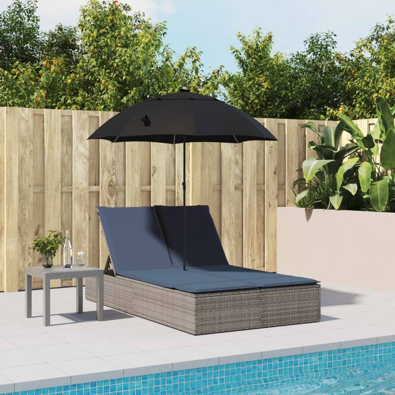 vidaXL Patio Double Sun Lounger&Cushions&Parasol Poly Rattan Brown/Gray/Black - 78.7" x 64.6" x 69.3"