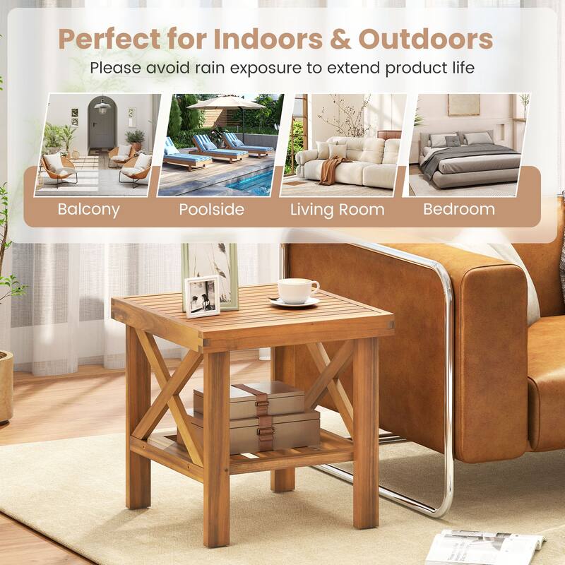 Gymax Outdoor Side Table Acacia Wood Adirondack Table w/ Storage Shelf