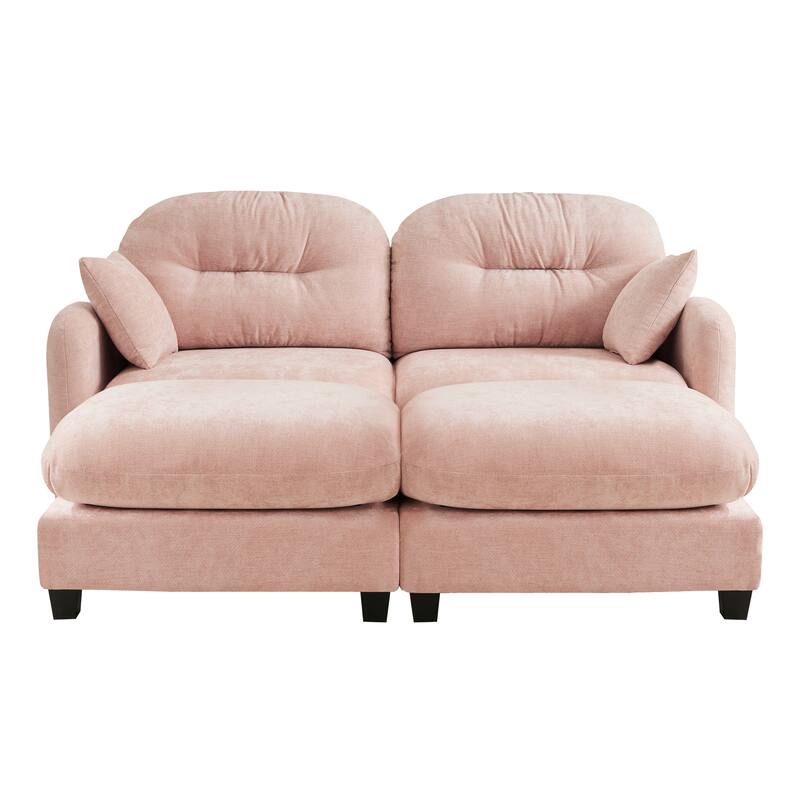 2 Seat Chenille Sofa Round Arms Sectional Sofa, Modern 74" Tufted Back Couch with Ottoman for Lving Room, Small Space