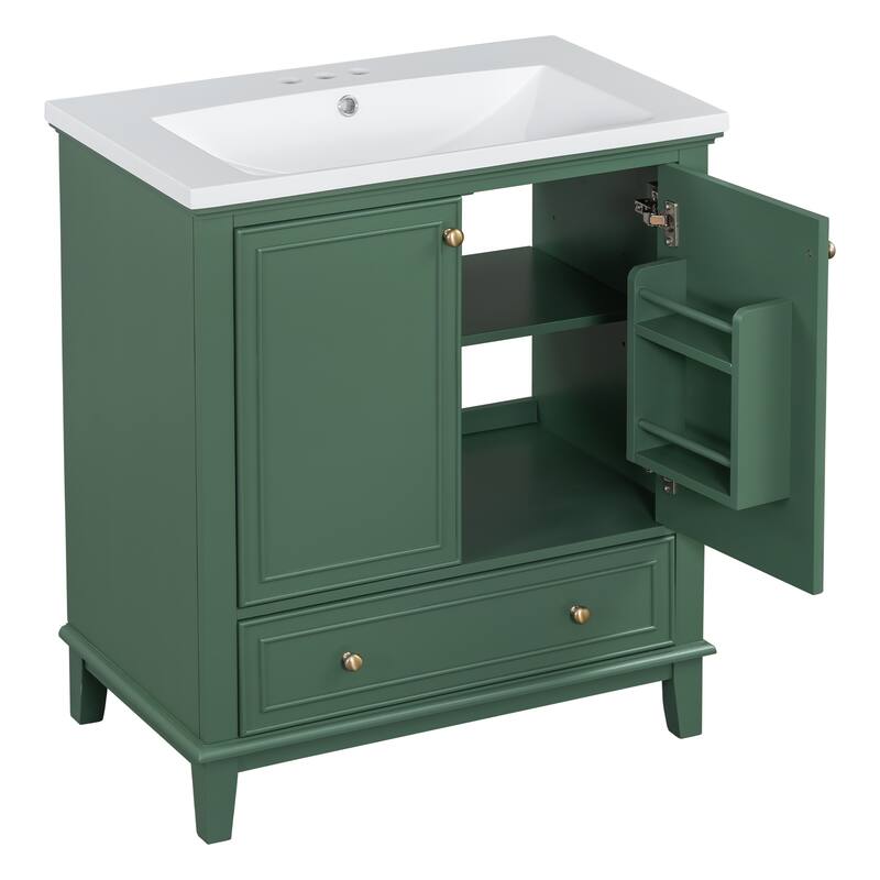 Bathroom Vanity with Ceramic Sink, Solid Wood & MDF Base, 1 Drawer & 2 Doors, Adjustable Shelf - 30in L Solid Wood+MDF