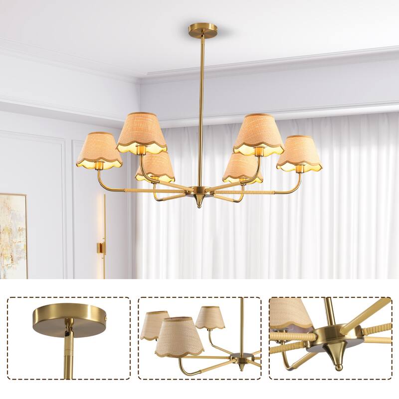 Medieval-Style Gold 6-Lamp Chandelier with Hand-Woven Rattan Lampshade, for Dining Room, Living Room, Light Bulbs Not Included