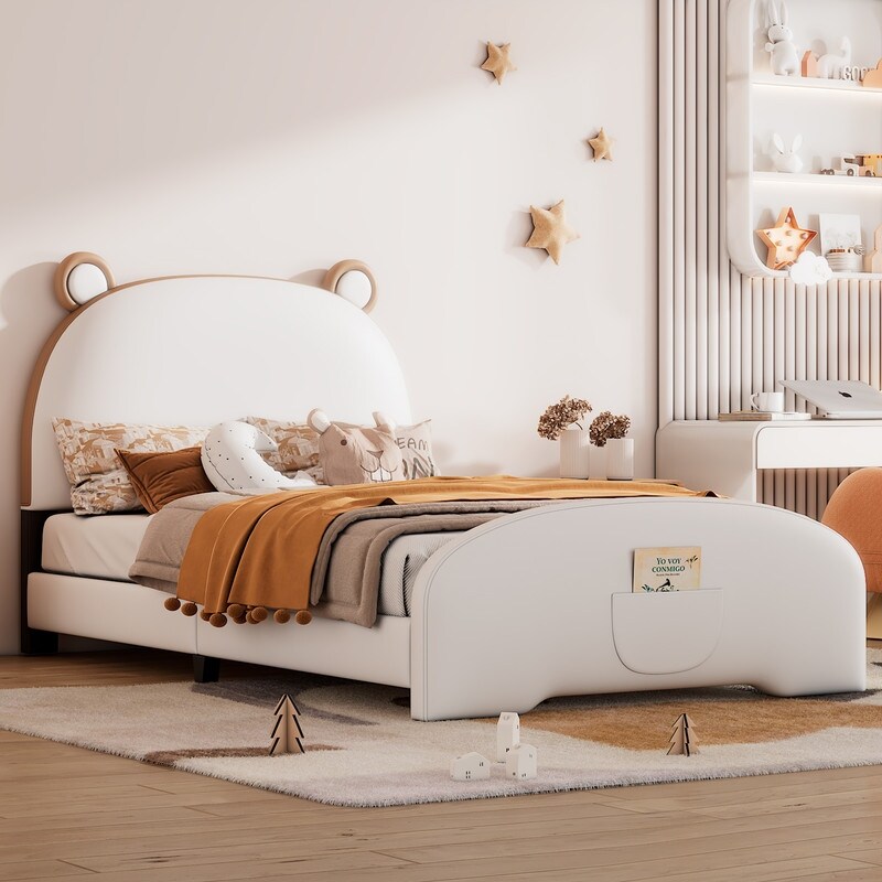 Twin Size Cute Upholstered Platform Bed with Bear Ears Shaped