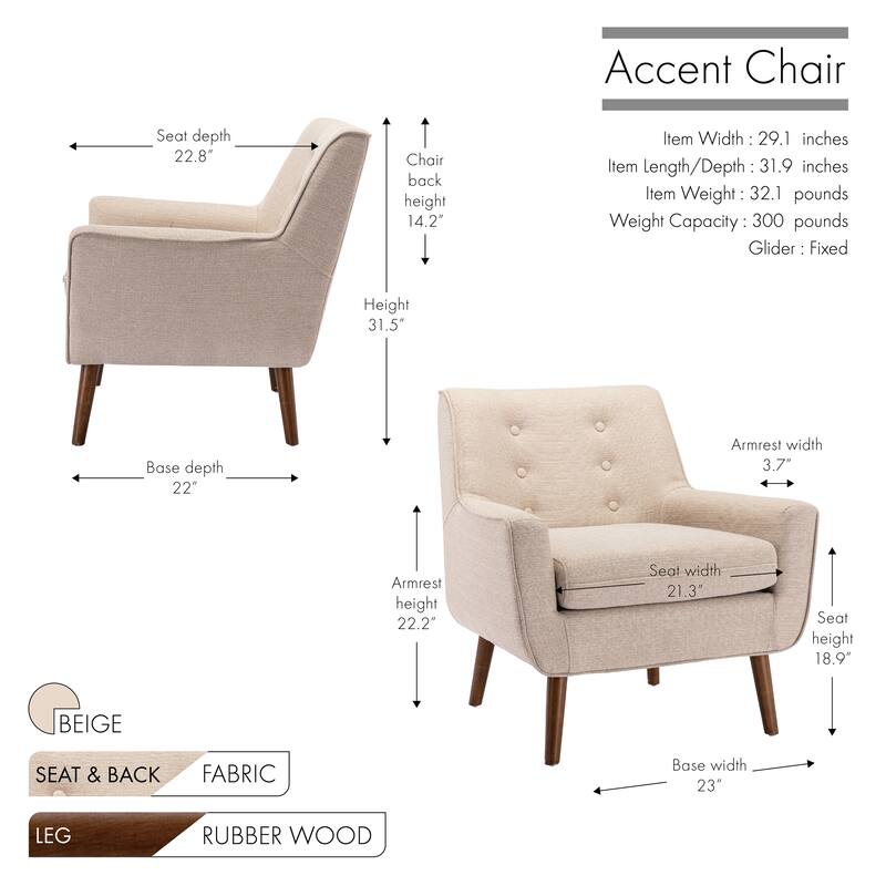 Porthos Home Pola Accent Chair, Tufted Fabric Upholstery, Wooden Legs