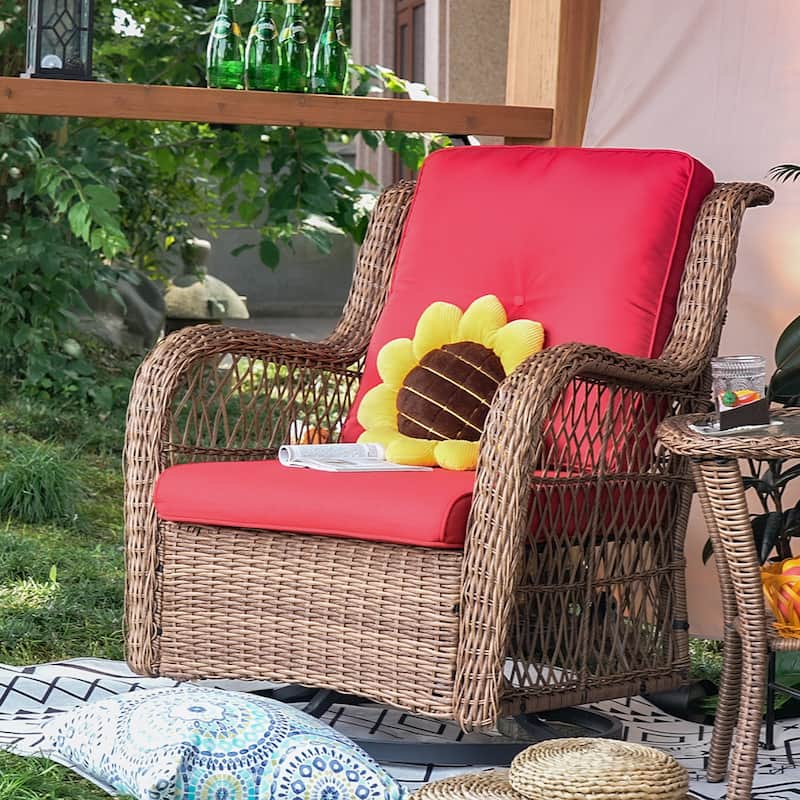 COZYWOR 3-Piece Yellow Wicker Outdoor Patio Swivel Rocking Chair