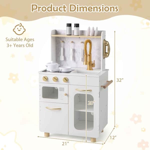 White Wooden Kitchen Playset with Sink, Stove, Microwave, Oven, and Accessories for Kids - 21" × 12" × 32" (L x W x H)
