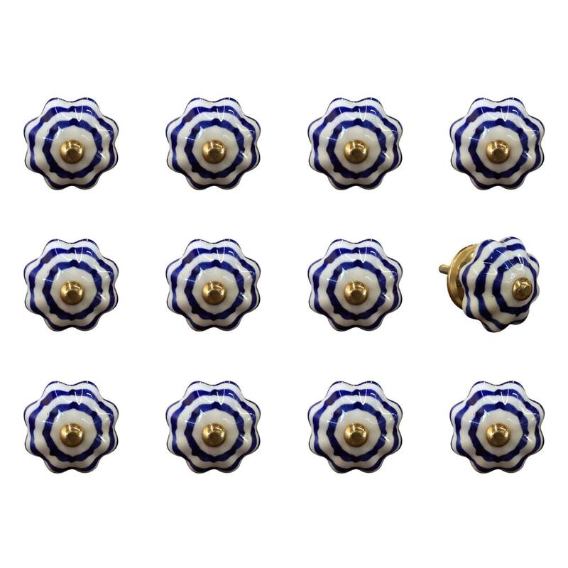 Decorative Flower Theme Ceramic Cabinet Knobs 12 Pieces with Backplate for Living Room Drawers - 1.5” x 1.5” x 1.5”