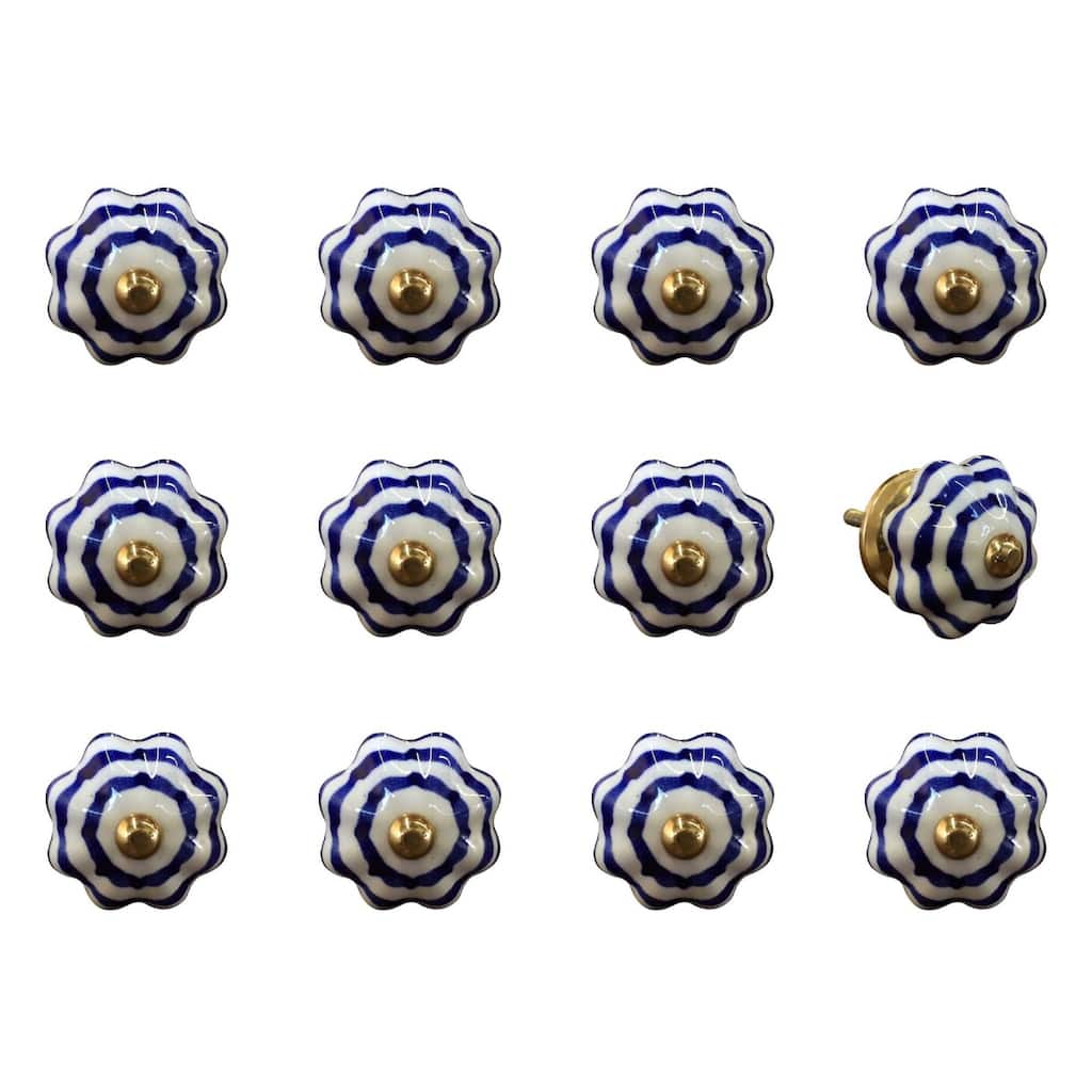 Decorative Flower Theme Ceramic Cabinet Knobs 12 Pieces with Backplate for Living Room Drawers - 1.5” x 1.5” x 1.5”