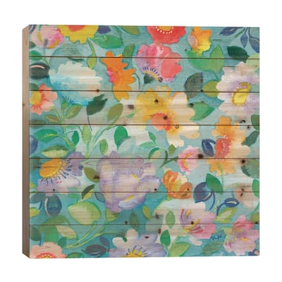 Turquoise Flowers Print On Wood by Kim Parker - Multi-Color
