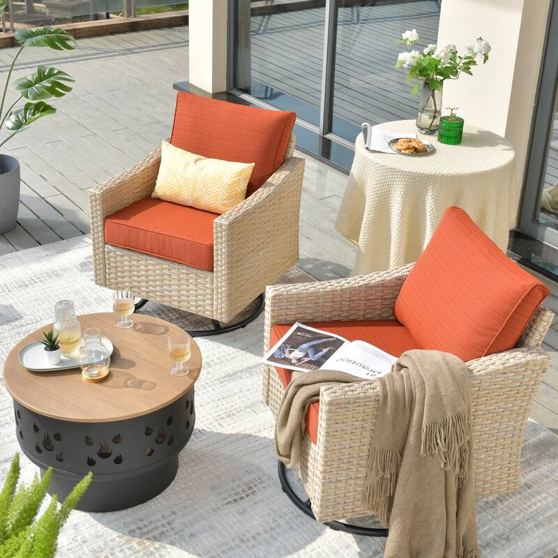 HOOOWOOO Outdoor 3-piece Rattan Wicker Swivel Rocking Chair Set with Wood Burning Fire Pit