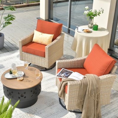 HOOOWOOO Outdoor 3-piece Rattan Wicker Swivel Rocking Chair Set with Wood Burning Fire Pit