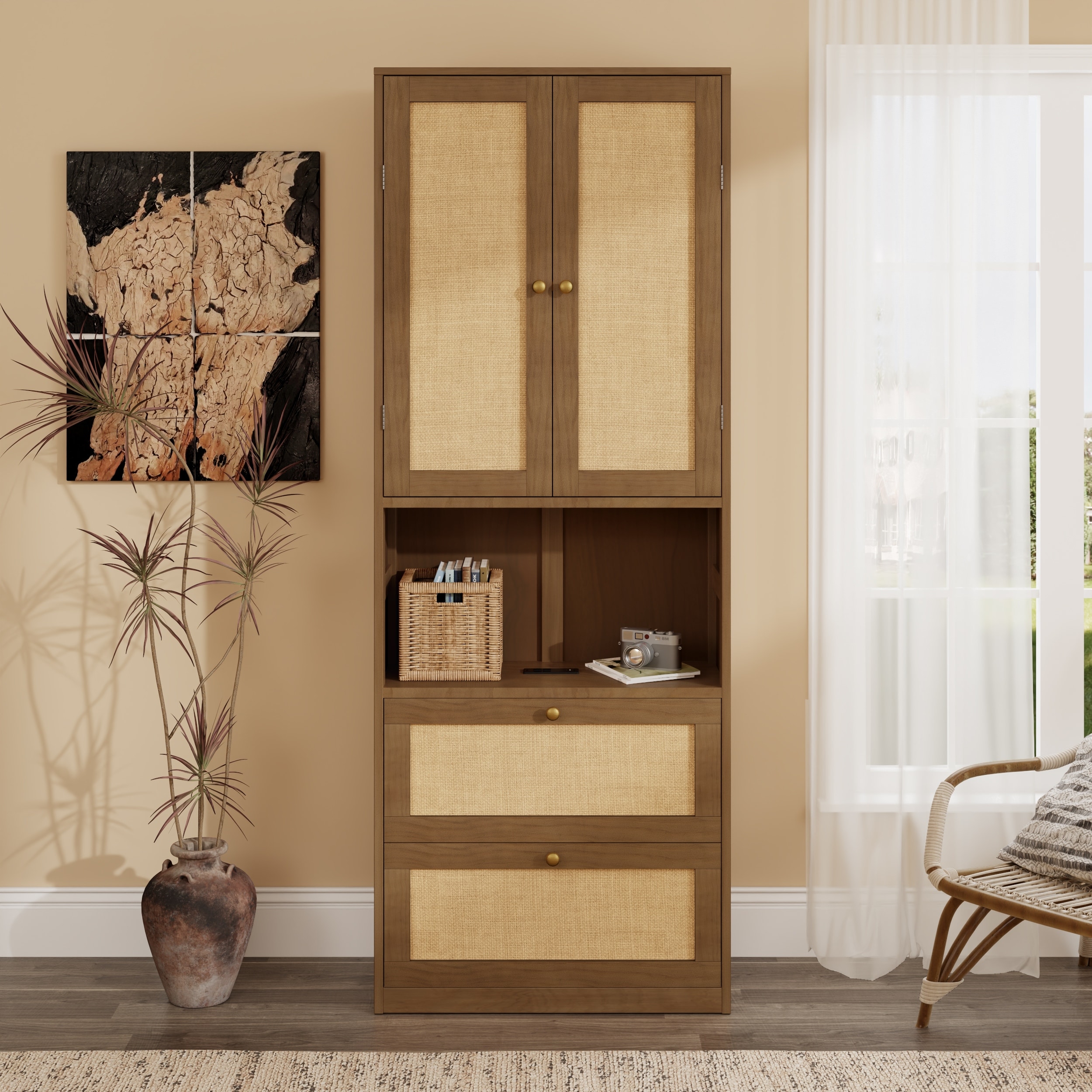 2 Doors Bookshelf with USB Port and 3 Drawers Side Cabinet Storage Shelves, Walnut