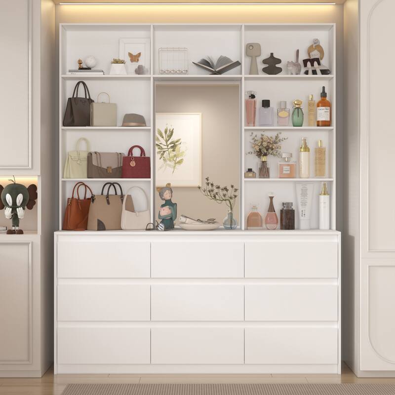 Chest White Storage Cabinet w/Mirror for Bedroom, Dresser Shelving Unit