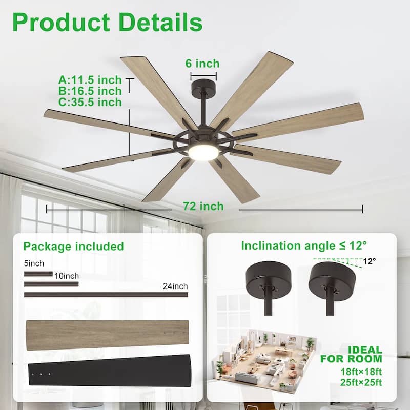 Modern 72 Inch 8 Blade Outdoor large Ceiling Fans with Lights: Dimmable Indoor Reversible 6 Speed Quiet DC Motor