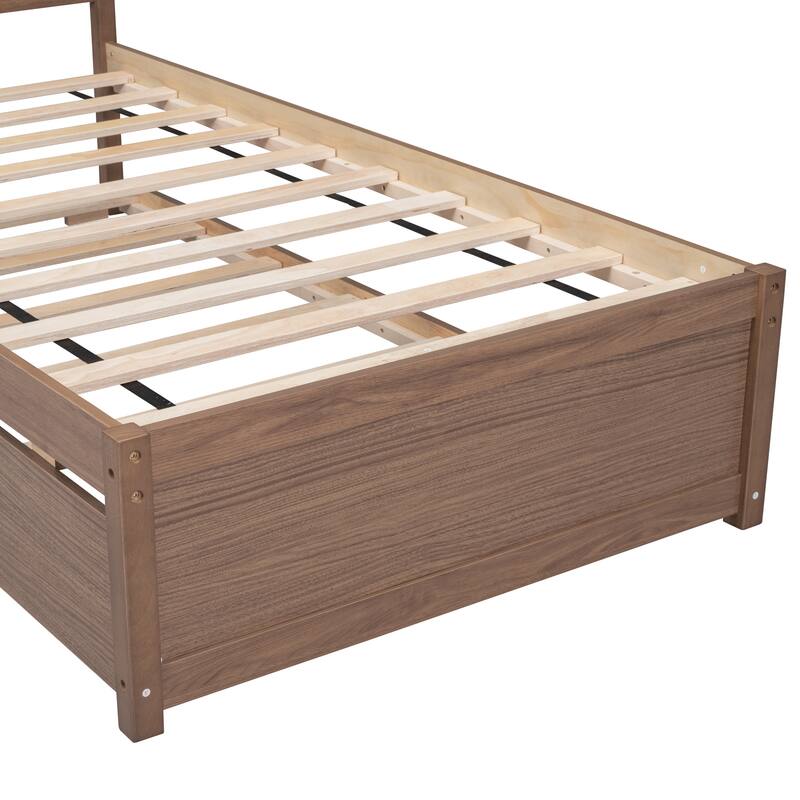 Brown Walnut Rubberwood Twin Platform Bed with Trundle, Sleek Design, No Box Spring Needed