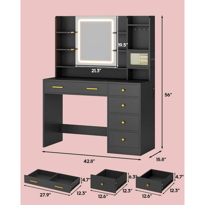 Vanity Desk with Mirror and Lights 6 Drawers 8 Open Shelves Jewelry Box