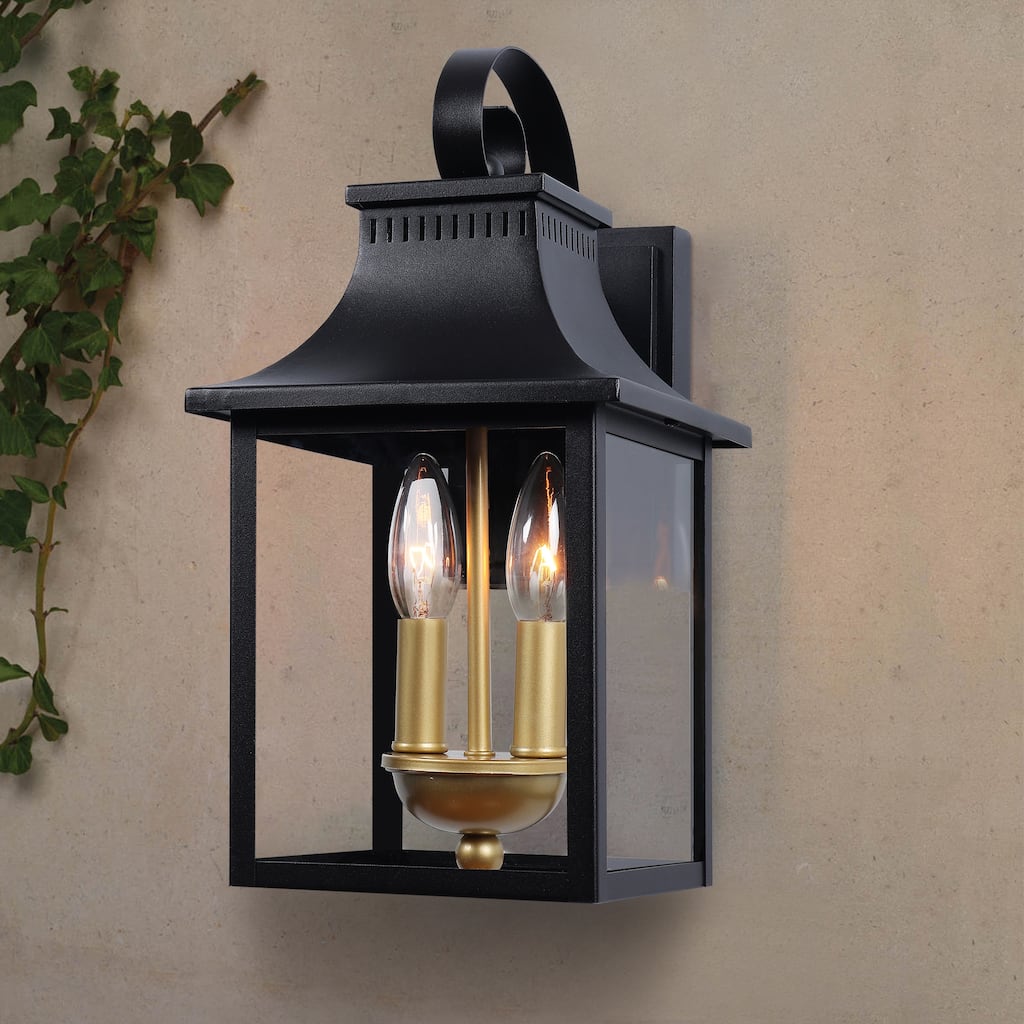 2-Light Matte Black Dusk to Dawn Outdoor Wall Lantern with Clear Glass - W7.4" x D9" x H14.7"