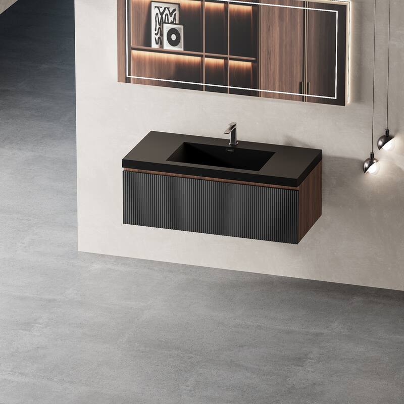 36'' Floating Bathroom Vanity with Sink Combo, Modern Wall-Mounted Striped Bathroom Storage Cabinet with Soft-Close Drawers