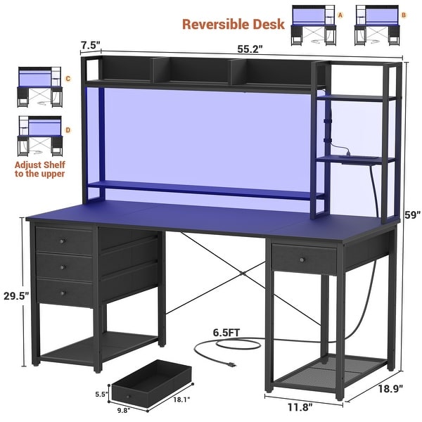 dimension image slide 0 of 4, Gaming Desk with Hutch and Drawers, Office Computer Desk with Charge Station and LED Light