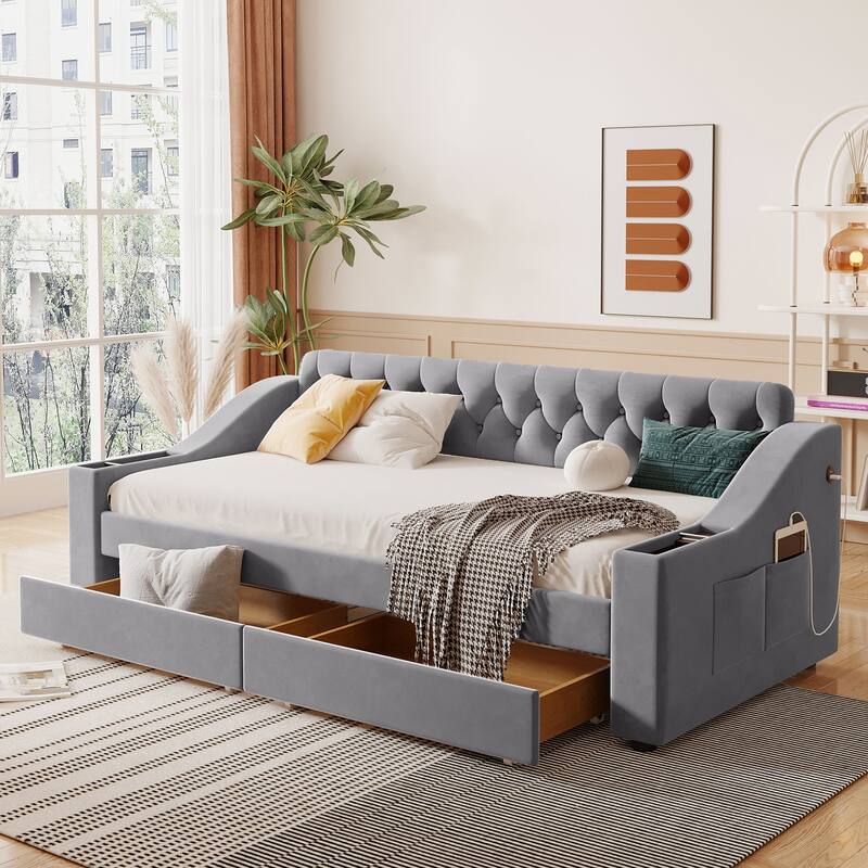 Twin Size Upholstered Daybed w/ 2 Storage Armrests, Drawers, USB Ports