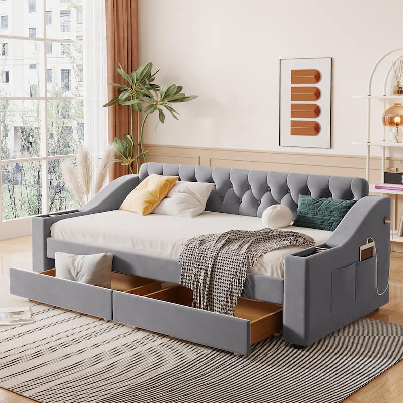 Twin Velvet Upholstered Daybed w/ Storage Armrests, USB Port, 2 Drawers