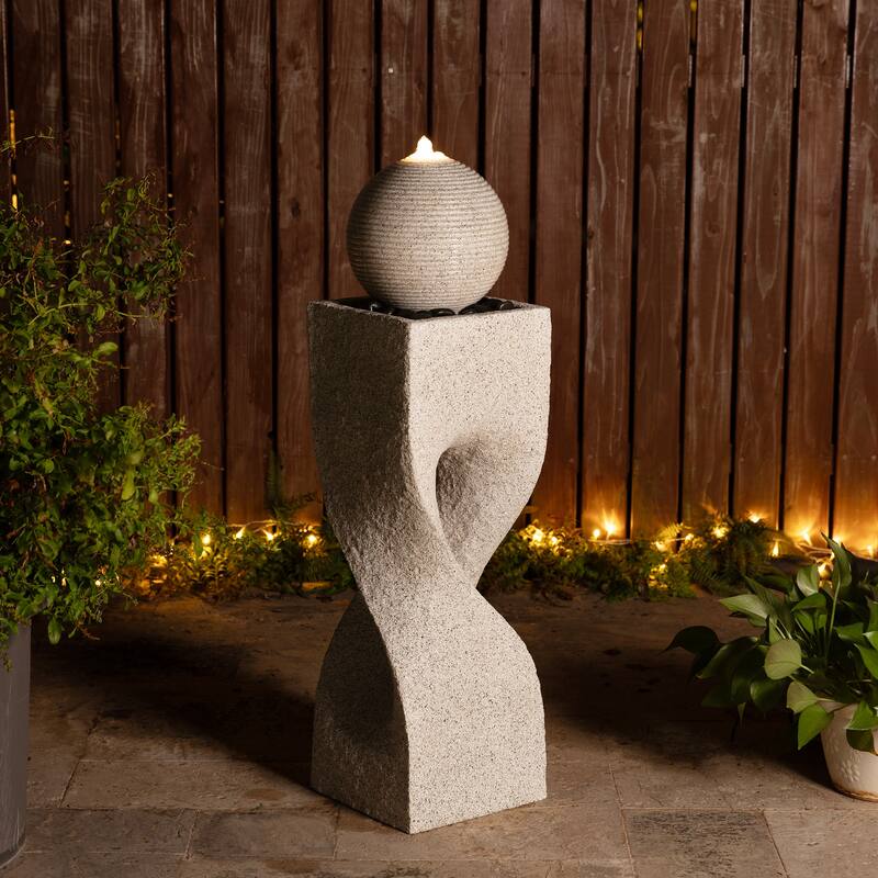 Glitzhome Modern Geometric Oversized Pedestal Sphere Polyresin Outdoor Floor Fountain with Pebbles