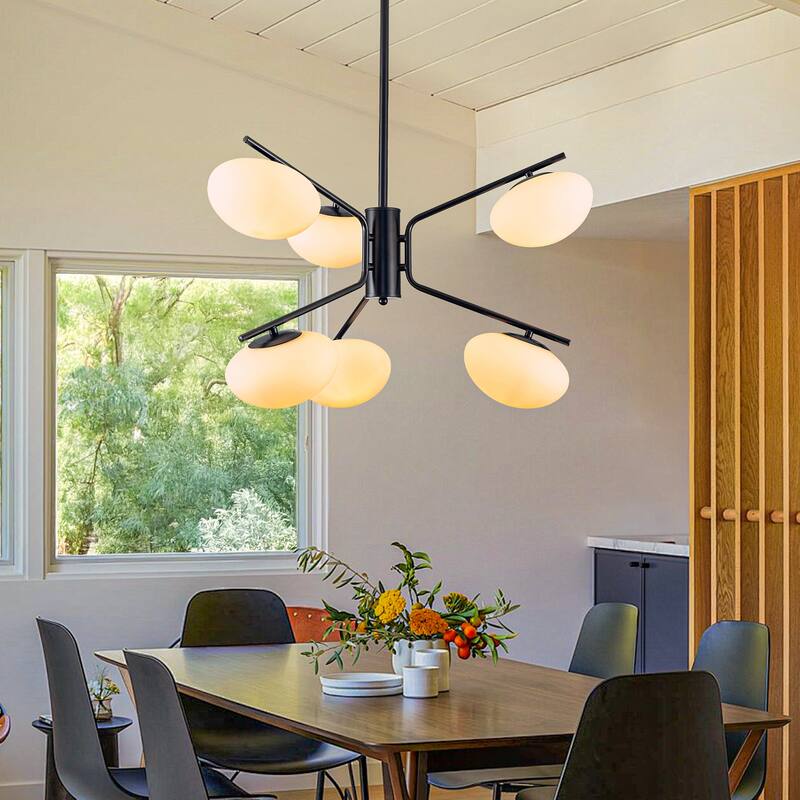 Modern Minimalism 6-Light Sputnik Chandelier with White Glass Oval Lampshade
