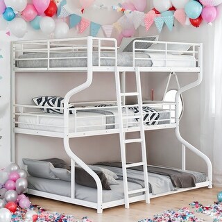 Full XL over Twin XL over Queen Size Triple Bunk Bed with Ladder,Unique Curved Metal Frame In A Black Finish,White