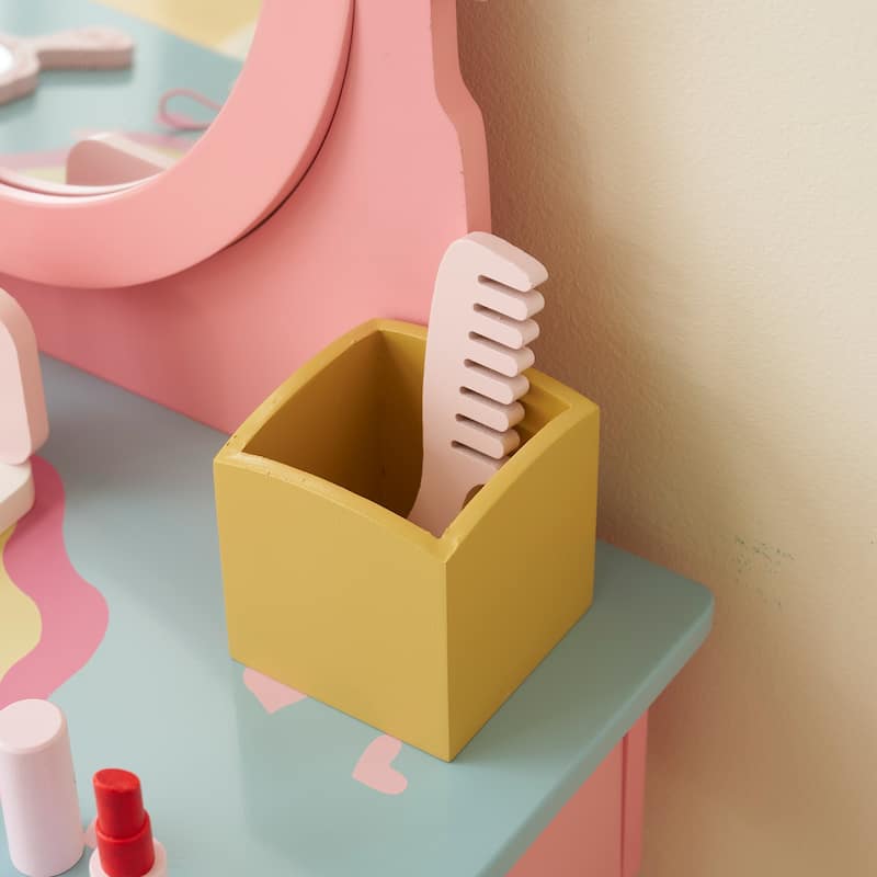 Kids Vanity Table and Chair Set with 7 Pretend Makeup Toys Rainbow Design Pink Stool Storage for Girls Room Gift