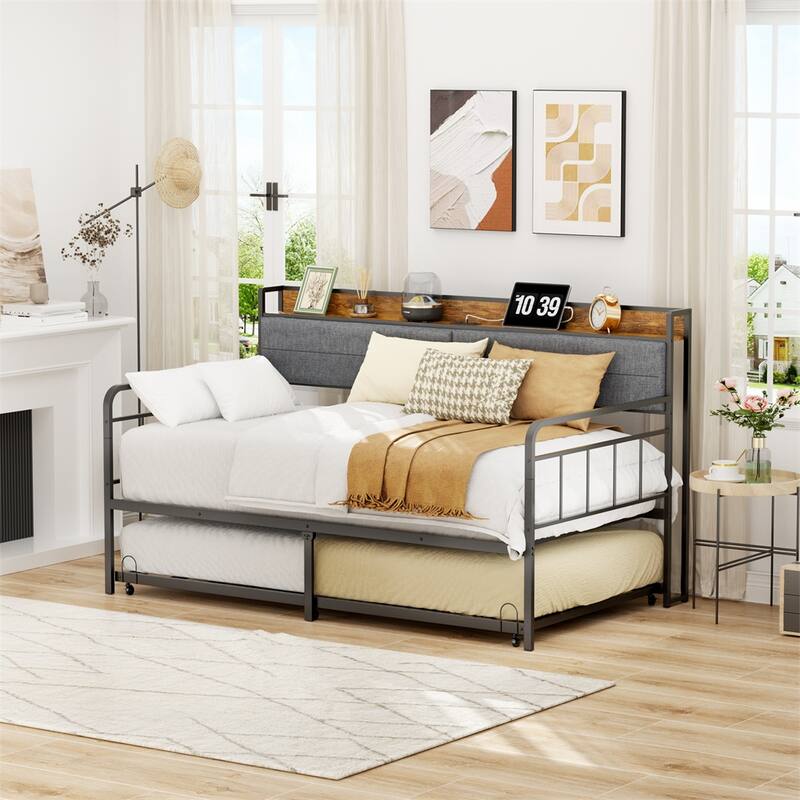 Modern Twin Size Daybed with Trundle,Upholstered Storage Headboard