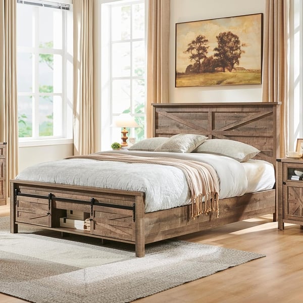 Farmhouse Full size Wood Bed Frame with Sliding Barn Door storage - Bed ...