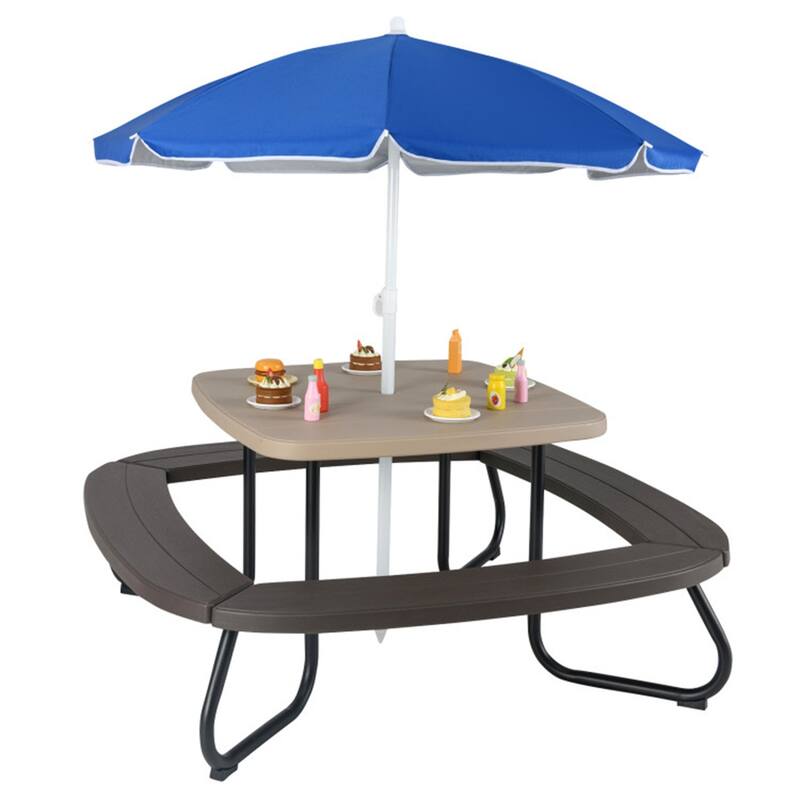 Kids Outdoor Picnic Table with Adjustable Umbrella and Benches Metal Frame and Weather-Resistant Surface - 49" × 49" × 39"-63"