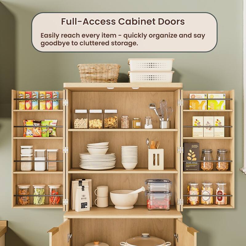 Modern 72"H Fluted Wood Kitchen Pantry Cabinet with 6 Shelves for Versatile Storage Solutions