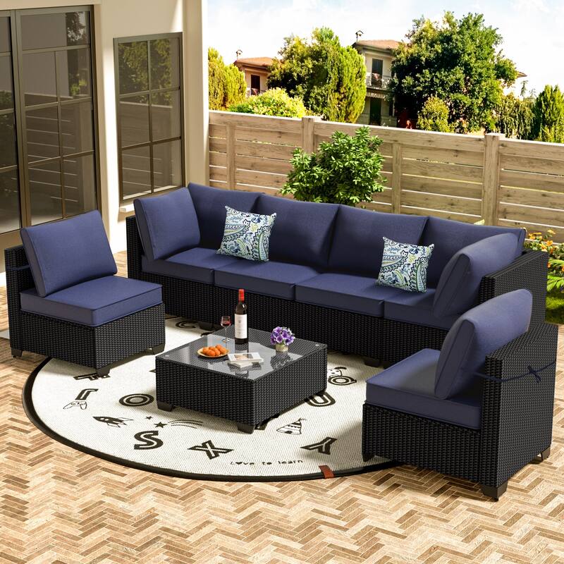 7-Piece Outdoor Patio Furniture Set Sectional Sofa Chairs and Tempered Glass Coffee Table PE Rattan Steel Frame with Cushions